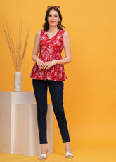 Scarlet Bloom Vibrant Red Flower Print Sleeveless Cotton Top-  Touch Of Fashion And Elegance